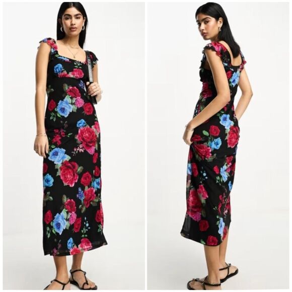 ASOS DESIGN Frilly Flutter Sleeve Dark Floral Whimsigoth Midi Maxi Dress Size 10 - Picture 2 of 12